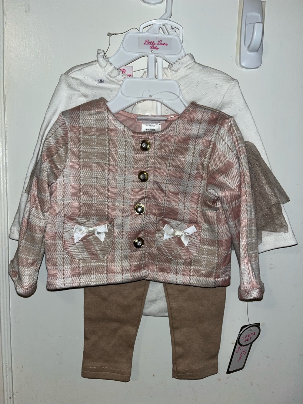 Little Lass Pink Plaid Jacket with Tan Leggings Set